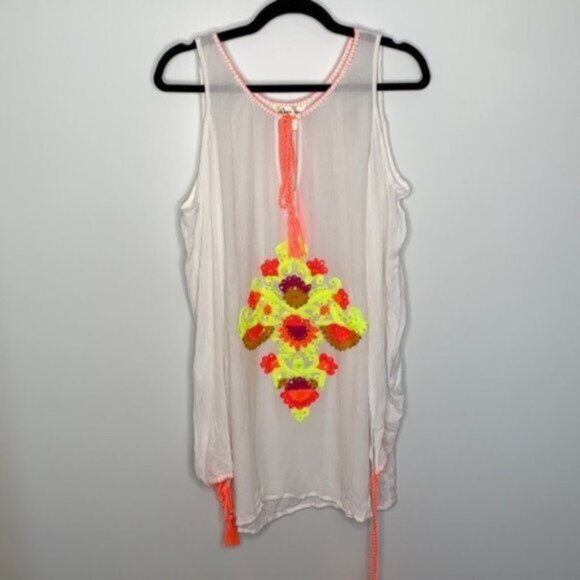 Lucky & Coco Women White Cold shoulder Neon Embroidered Swim Coverup Size Medium - Picture 1 of 9
